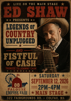 Vintage-style concert poster for Ed Shaw's Fistful of Cash, a tribute to Johnny Cash, and Legends of Country Unplugged at the Palouse Empire Fair Main Stage in Colfax, Washington on September 12, 2026.